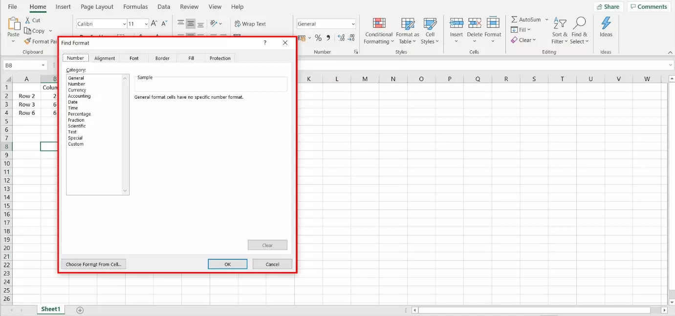 Dialogue window to search for specified formatting in Excel