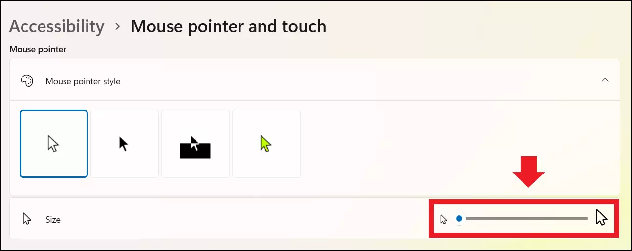 The slider to change the size of the mouse cursor