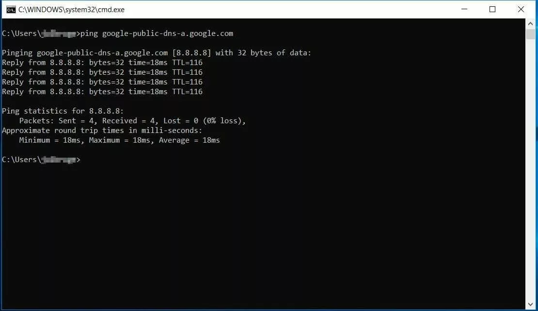 Ping statistics in the Windows terminal