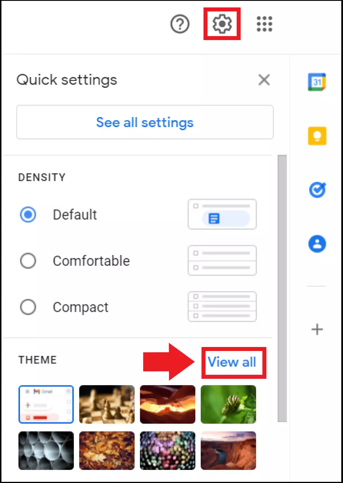 The ‘Theme’ section in Gmail’s quick setting