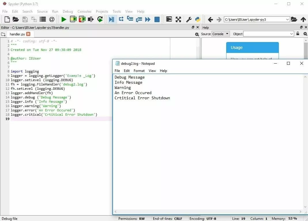 Python editor with logging functions and log file.