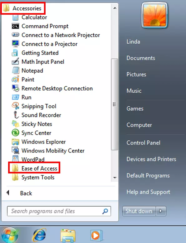 Open the ‘Accessories’ tab and then the ‘Ease of Access’ tab