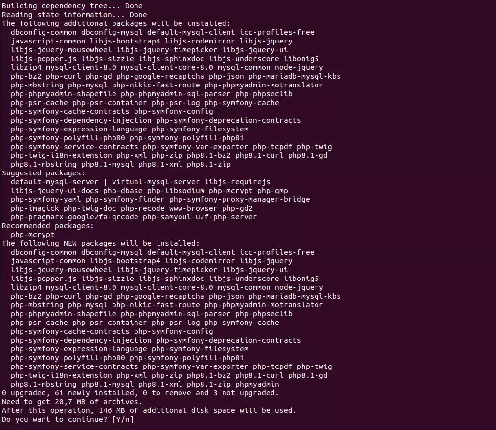 Ubuntu terminal during phpMyAdmin installation