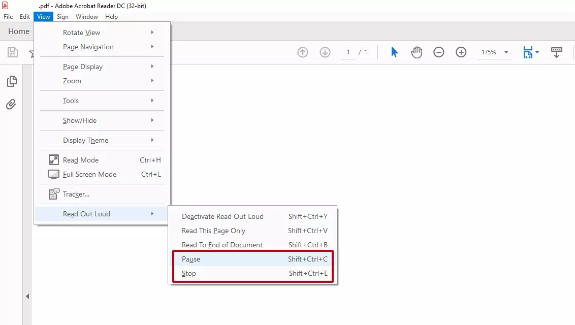 Adobe Acrobat Reader: Options to ‘Pause’ and ‘Stop’ via ‘View’ > ‘Read Out Loud’