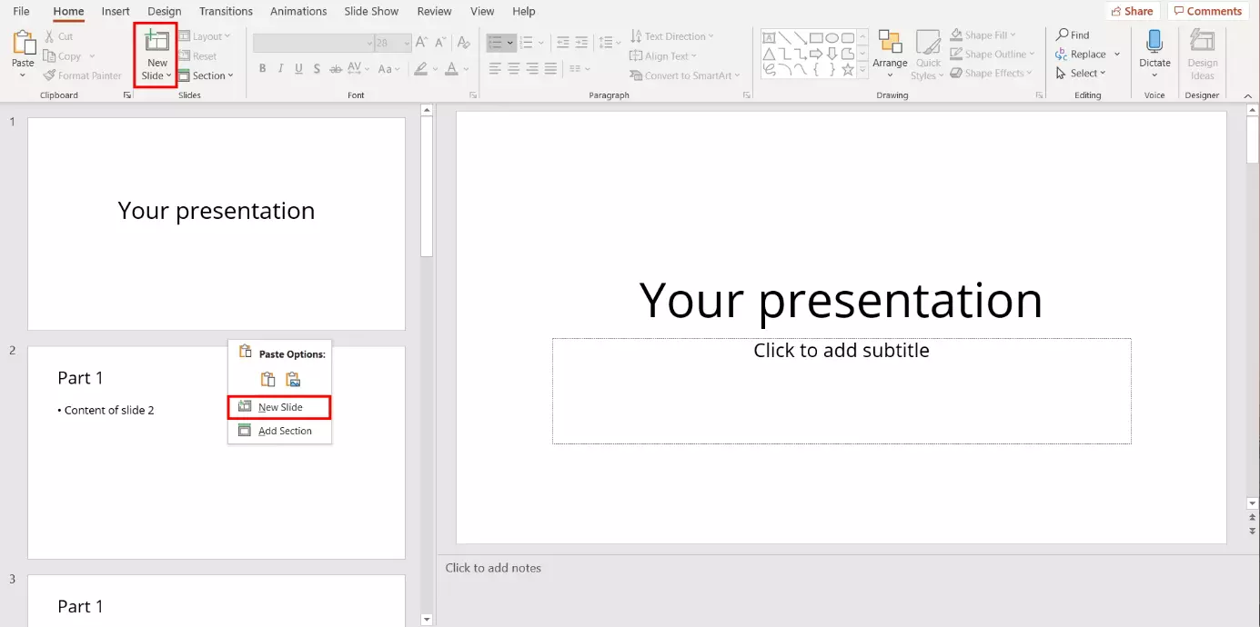 PowerPoint: creating a new slide for a table of contents