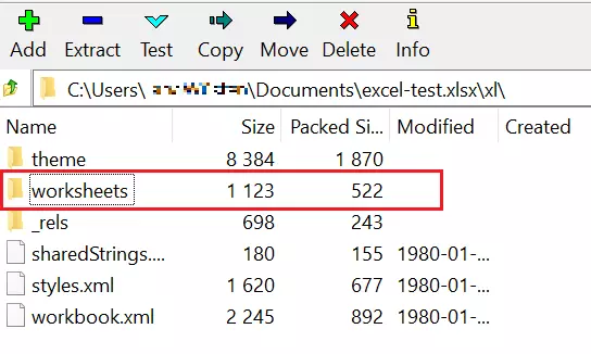 Screenshot of Excel file, ‘xl’ directory, unzipped with 7-Zip