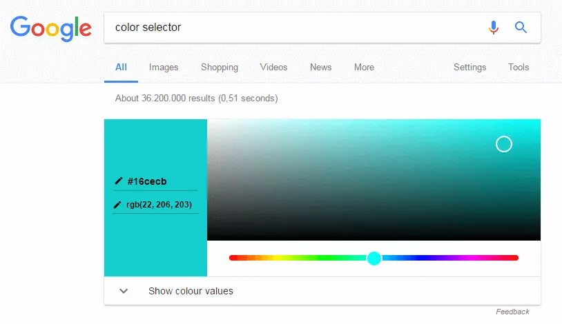 Colour selector in the Google search engine