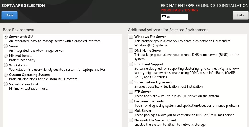 Screenshot of RHEL 8’s software options