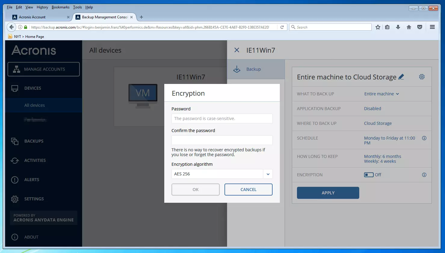 The backup management console of Acronis Backup 12.5: dialogue window prompting entry of a password for backup encryption