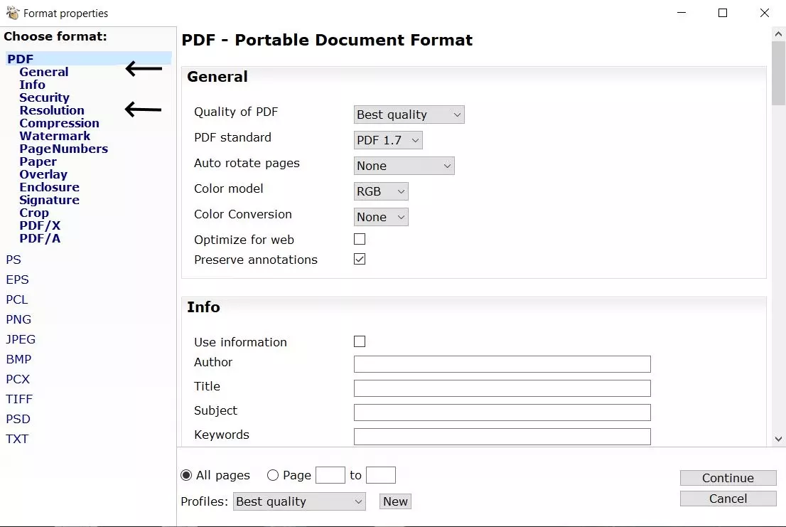 PDF24 settings options for the export of a new PDF file