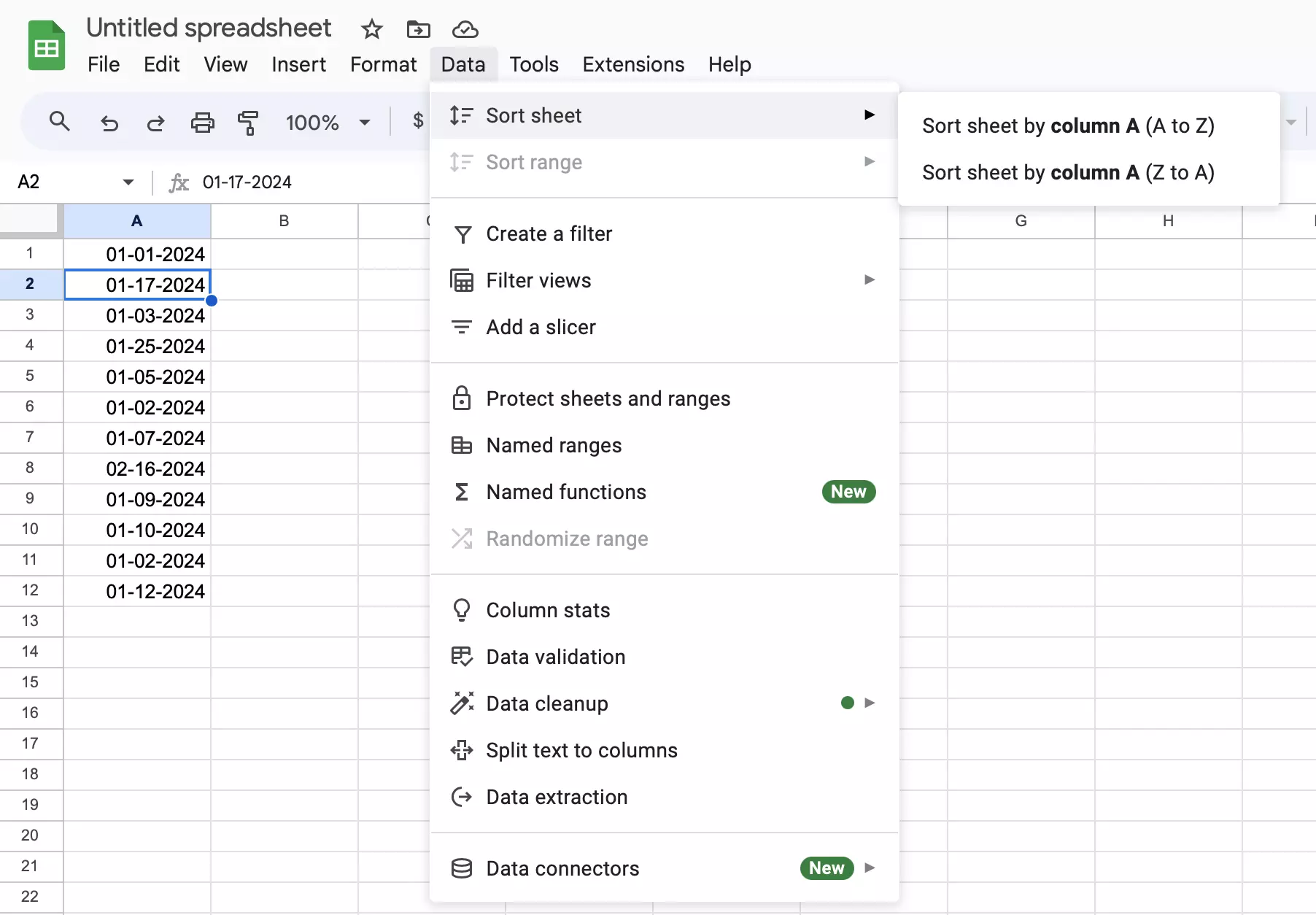 Screenshot of the Data menu in Google Sheets