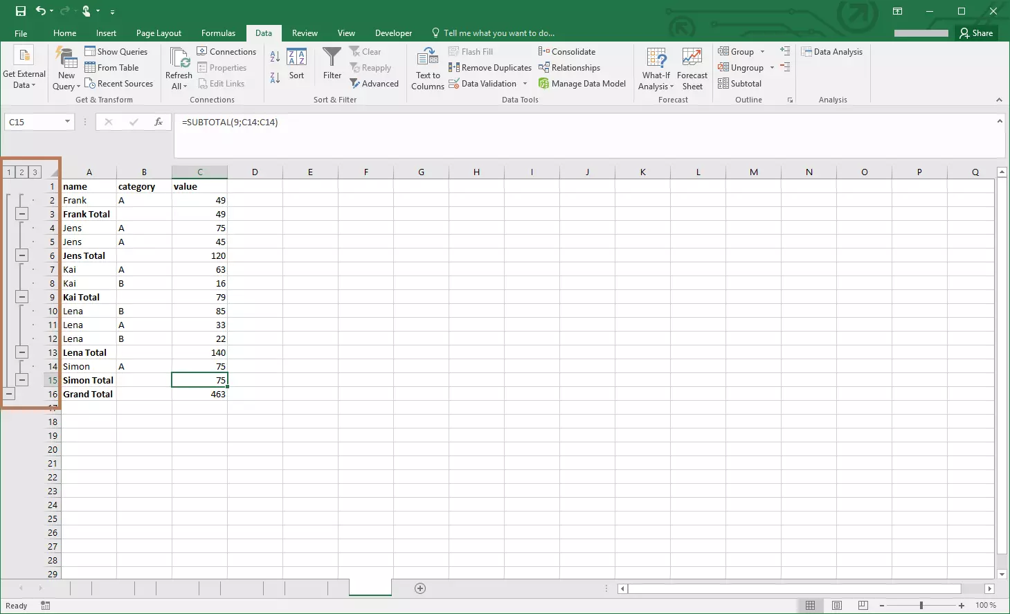 Additional sidebar in Excel using Subtotal tool