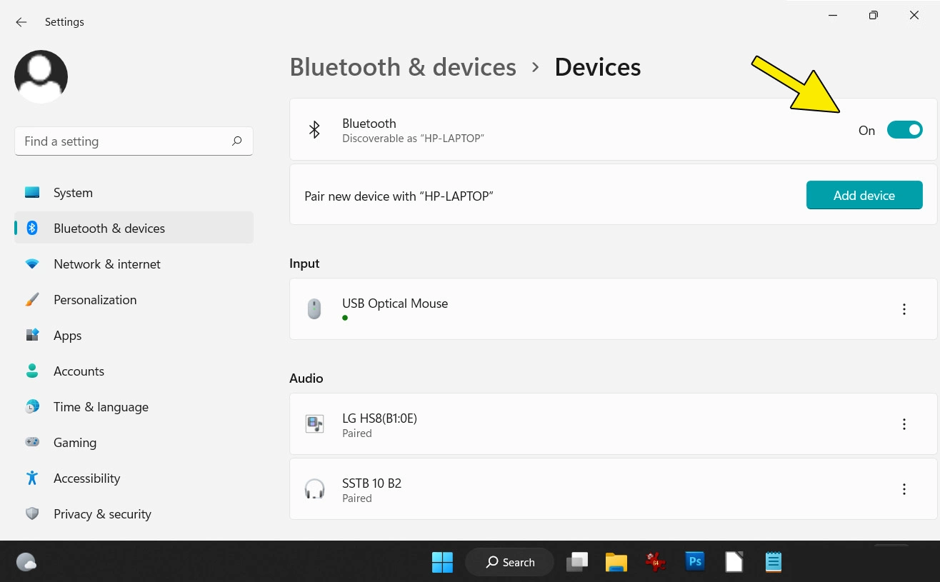 Bluetooth switch ‘On’ in the system settings for Bluetooth devices