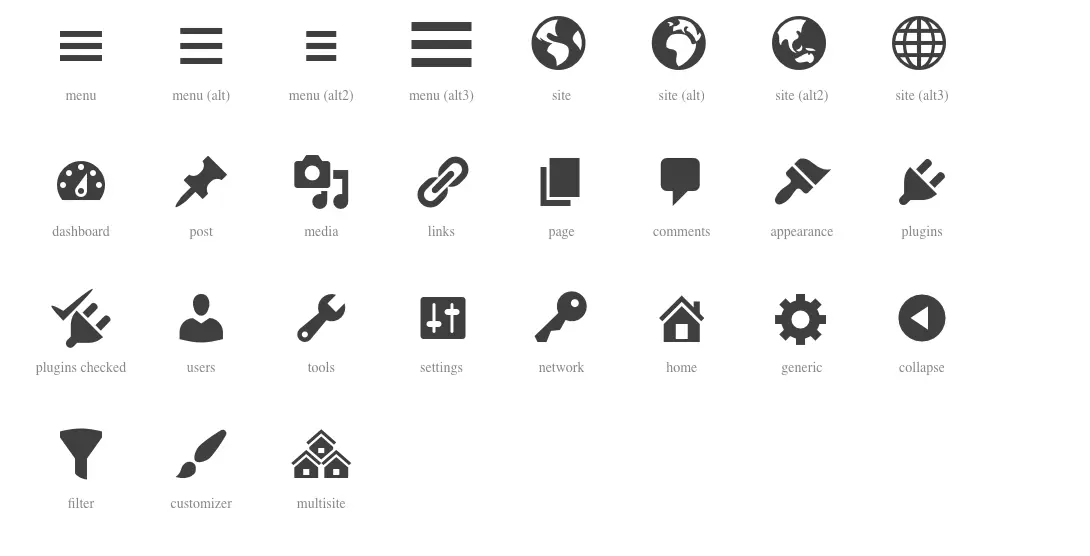 Screenshot of Dashicons page