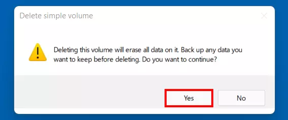 ‘Delete simple volume’ dialogue box in Windows 11