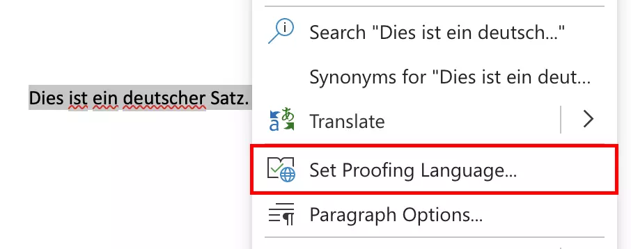 ‘Set Proofing Language’ option in Word Online