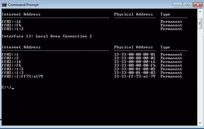 Neighbour-Cache for a LAN connection with Windows 7