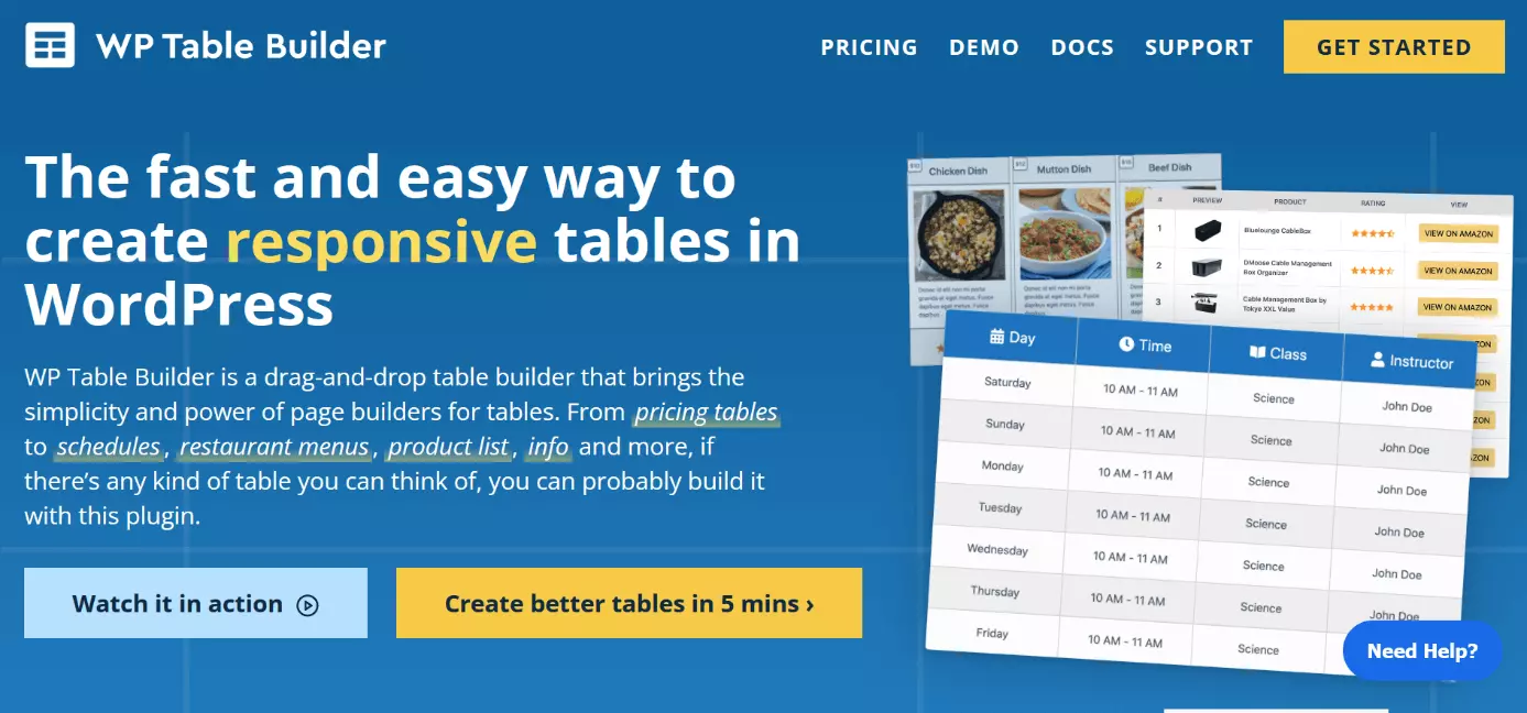 Screenshot of the ‘WP Table Builder’ table plugin website