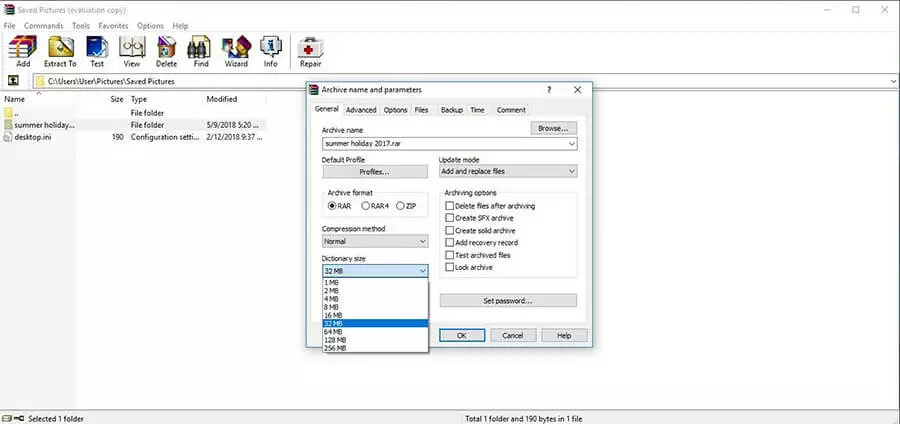 The WinRAR user interface menu for setting archive names and archive parameters