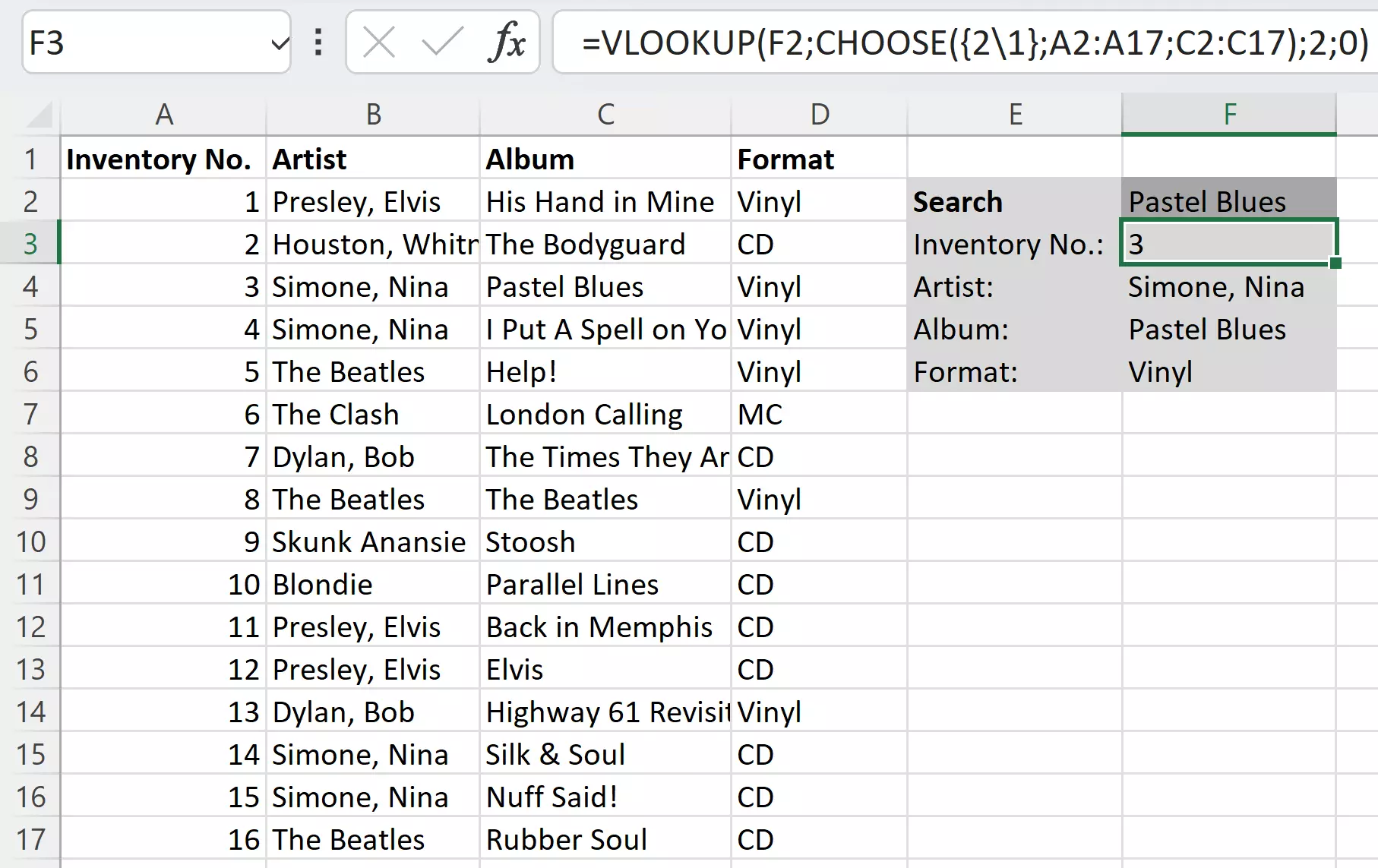 Customised VLOOKUP example using CHOOSE