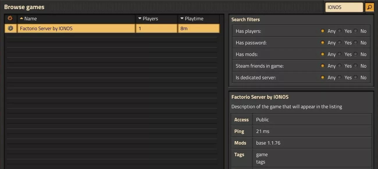 Factorio screenshot: Server overview