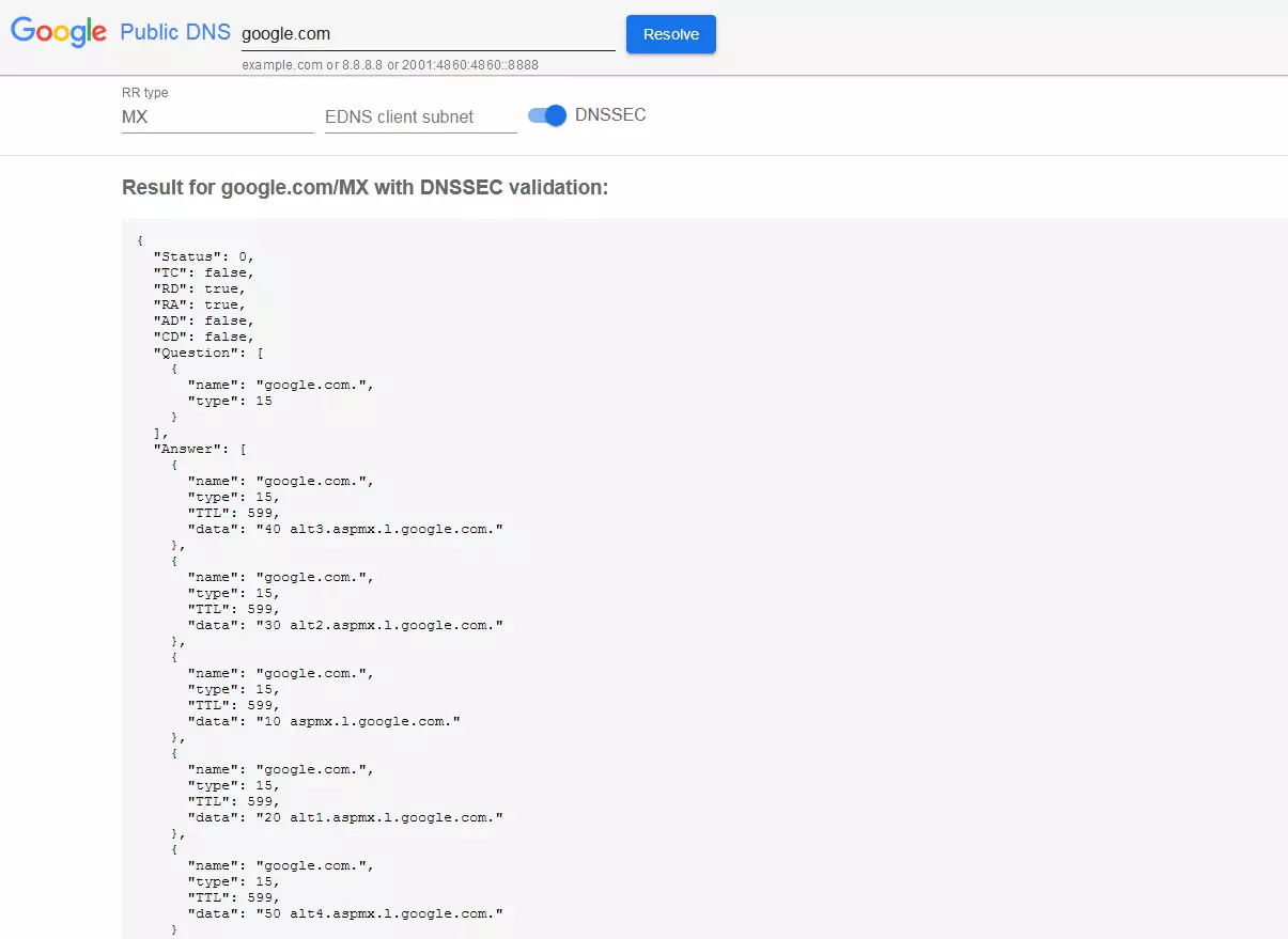 MX record check with Google’s Public DNS