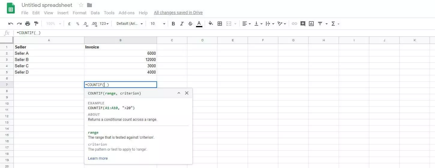 Example Google Sheet with COUNTIF function in cell 