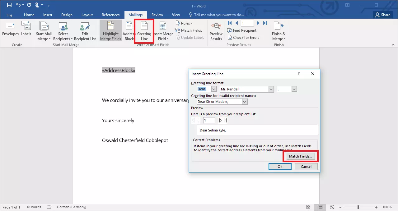 Greeting Line dialogue box for configuring a mail merge document in Word 