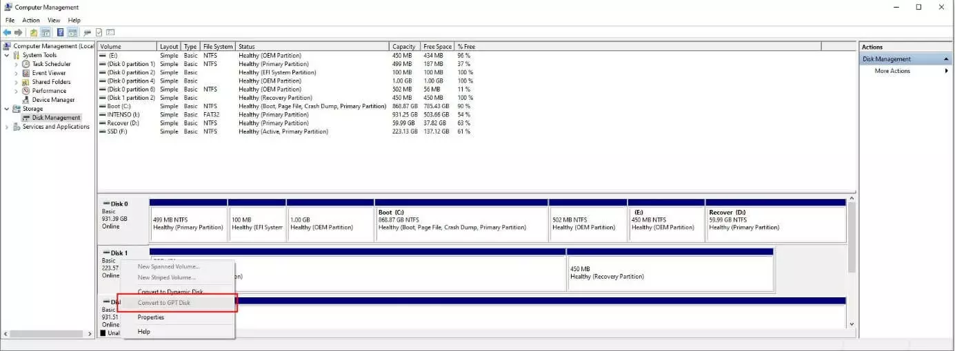 Windows “Disk Management” window: GPT conversion