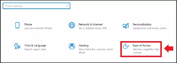 Windows 10 menu 'Ease of Access' in Windows settings page