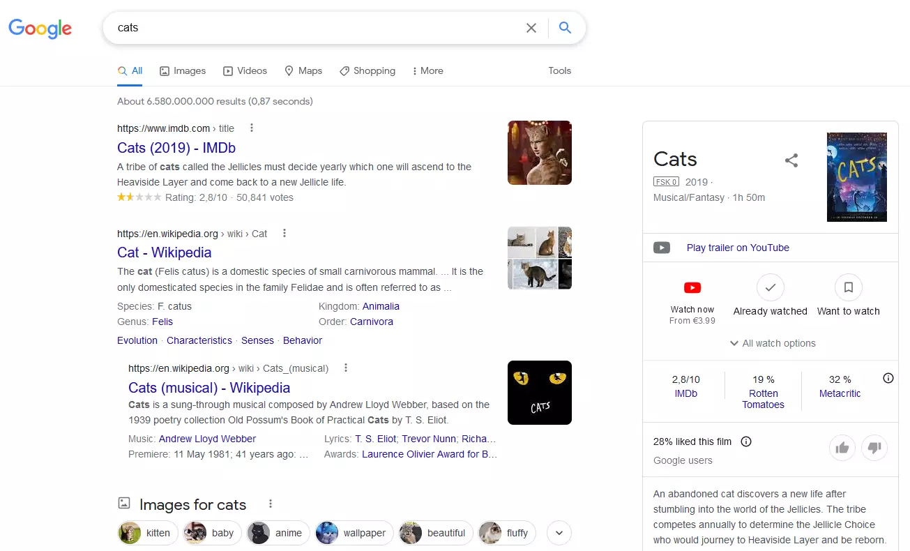 Google search results for the term ‘cats’