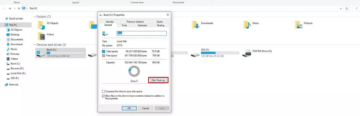 Windows 10: drive properties