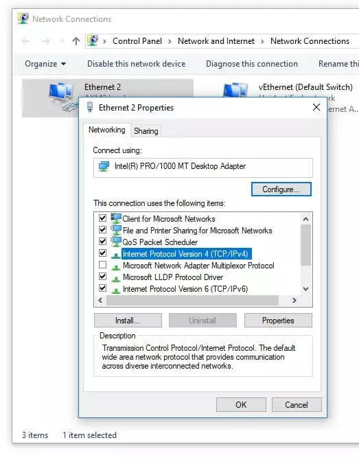 Properties of the exemplary LAN connection "Ethernet 2"