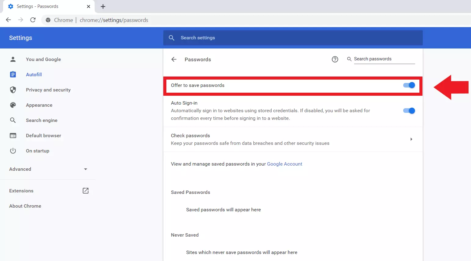 Google Chrome: ‘Passwords’ menu, ‘Offer to save passwords’ option