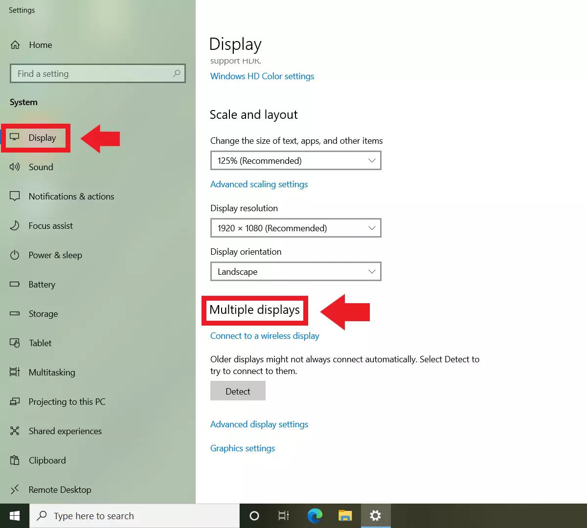 Windows 10: Settings with menu item ‘Display’ and ‘Multiple displays’