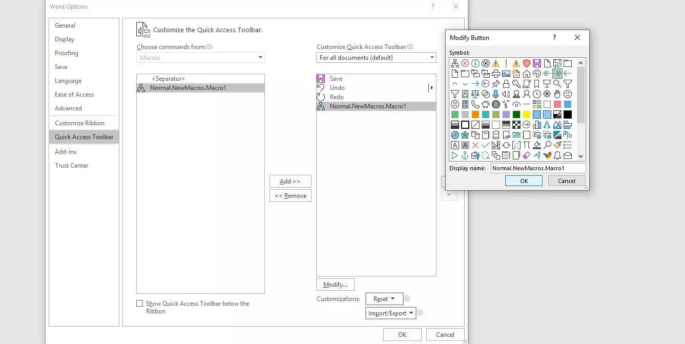 Adjusting the quick-access toolbar in Word 2016