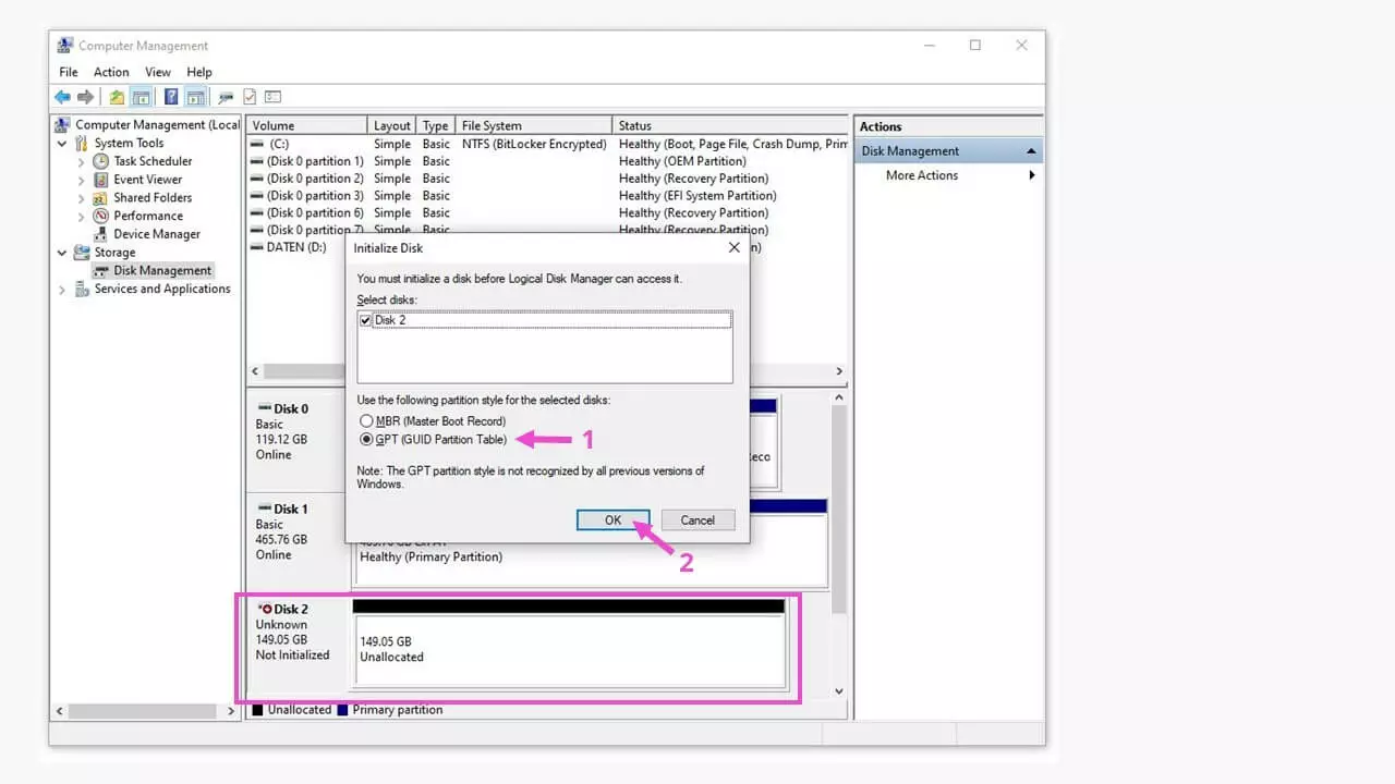 Windows Disk Management showing disk initialisation