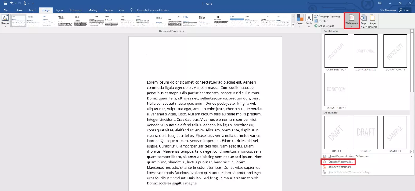 Menu for inserting a Watermark in Word