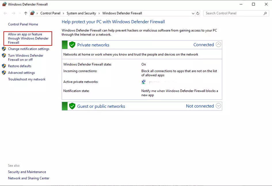 Menu option: “Allow an app or feature through Windows Defender Firewall”