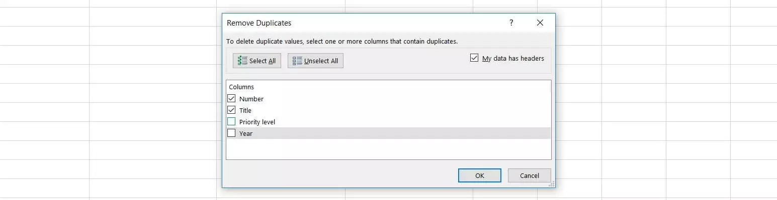 The “Remove Duplicates” dialogue window in Excel 2016