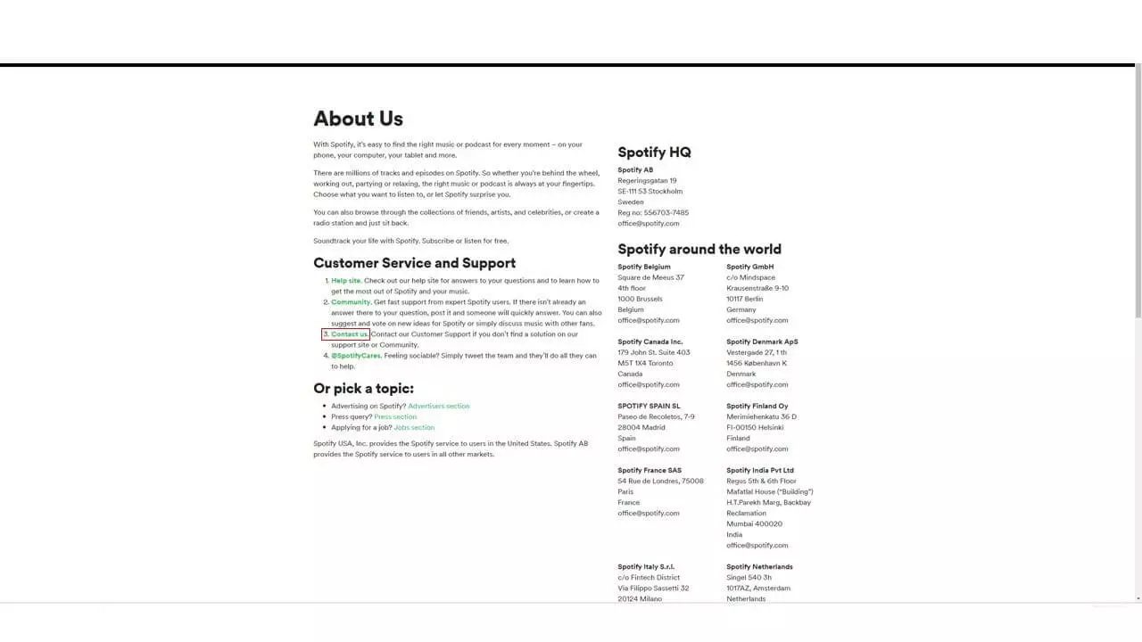 Deleting your Spotify account: “Contact us” link