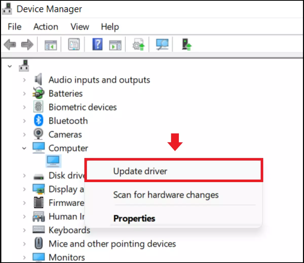 The ‘Update driver’ button in device manager