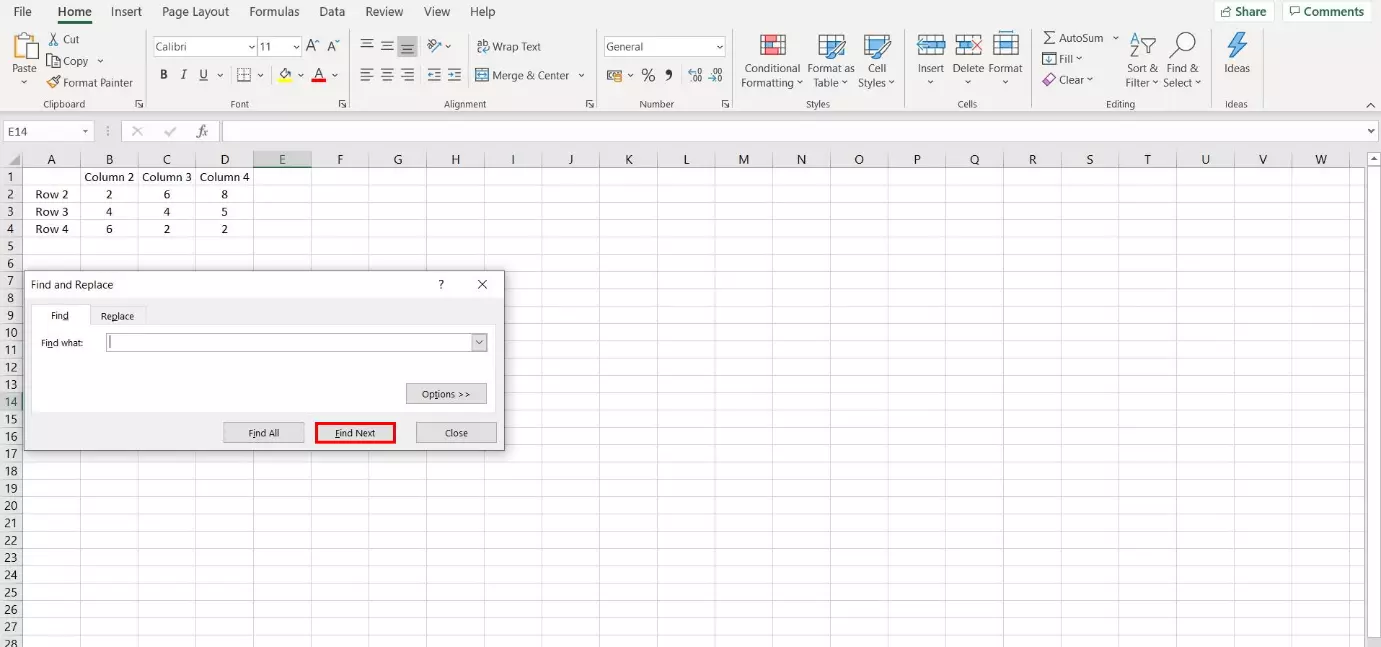 Excel dialogue window Find and Replace