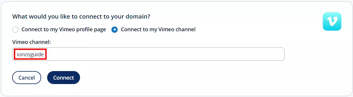 Connect Vimeo channel in IONOS customer account