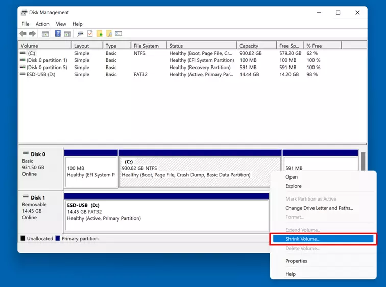 Shrink Volume in Windows 11