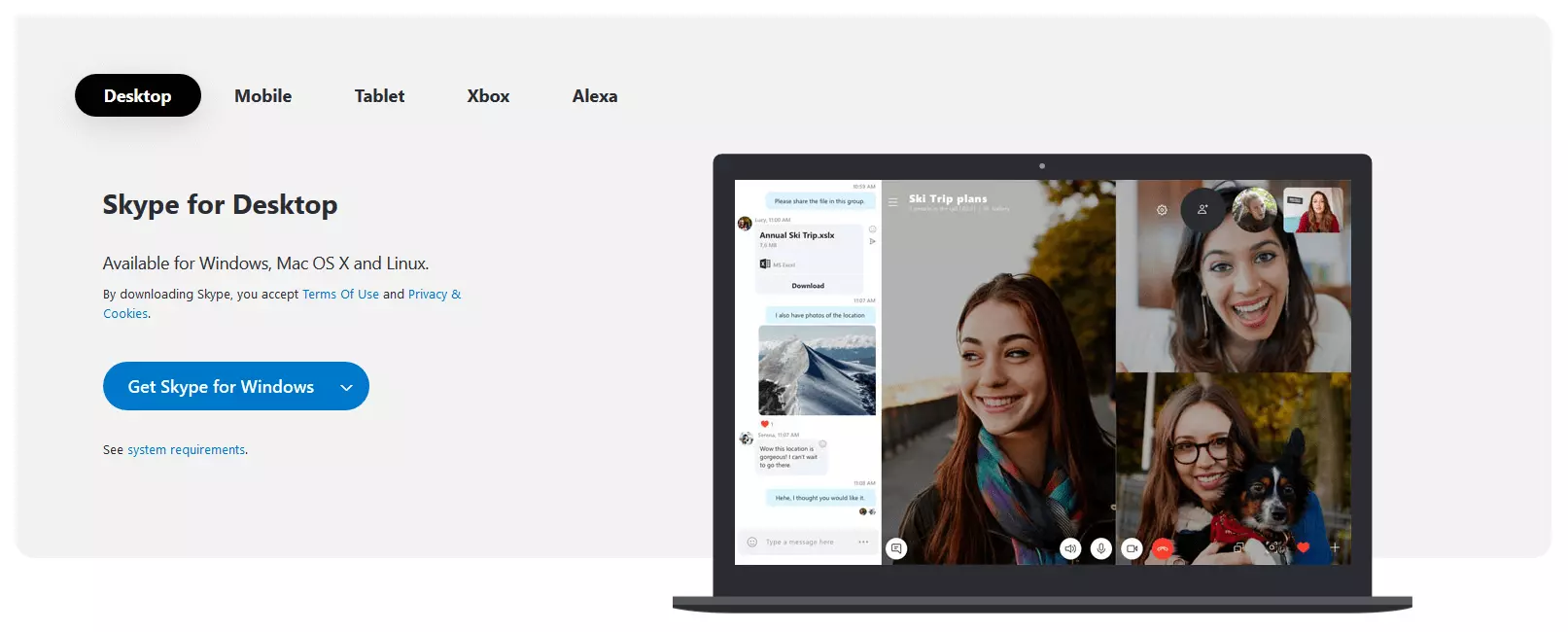 Screenshot of the Skype start page