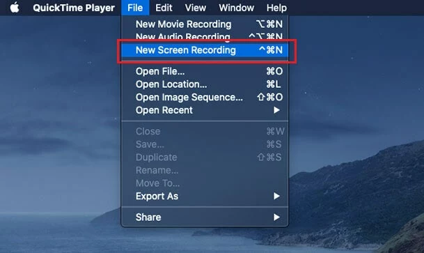 ‘New Screen Recording’ in the menu bar of QuickTime Player