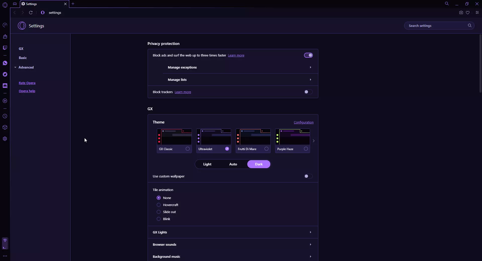 Opera GX design settings at a glance