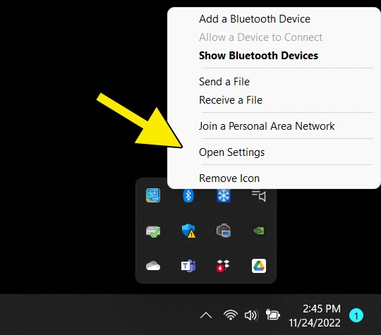 Bluetooth symbol: Context menu with ‘Open Settings’