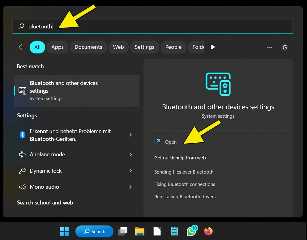 Windows 11 search bar: Enter ‘bluetooth’ and search result ‘Bluetooth and other device settings ‘